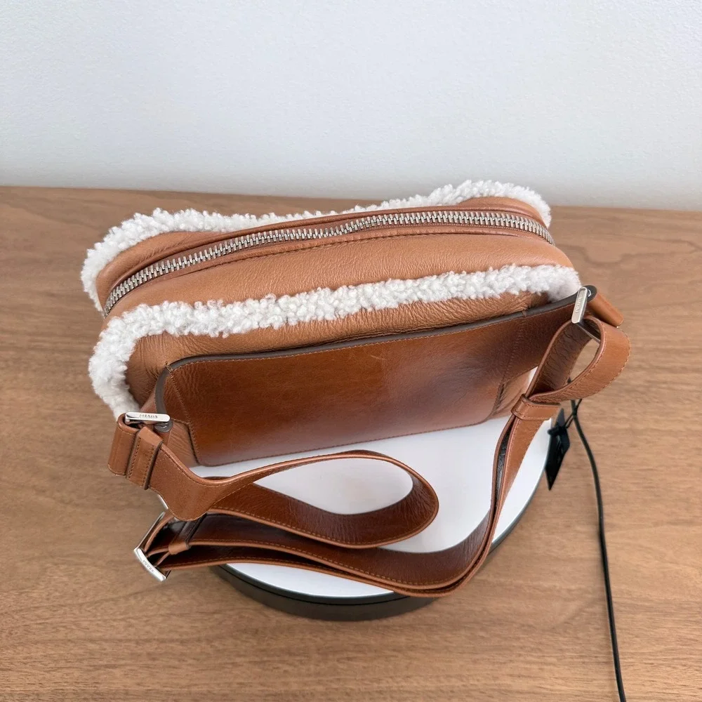 Prada Bandoliera Montone Shearling Leather Crossbody Bag Cognac 2VH181